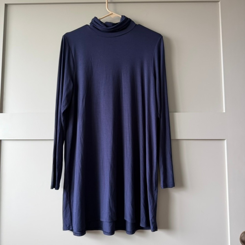 Eileen Fisher Tunic Top Women M Navy Blue Mock Neck Long Sleeve Jersey NWT $148